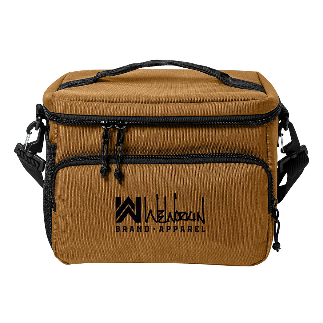 Saddle Brown insulated cooler bag pictured from front on white background. WW Script logo embroidered in black thread on the front zippered pocket. 600D polyester canvas, Water-resistant PEVA lining (Heat-sealed), Web carry handle on top, Removable/adjustable shoulder strap, Mesh pocket on side.