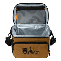 Saddle Brown insulated cooler bag pictured open, from front on white background. WW Script logo embroidered in black thread on the front zippered pocket. 600D polyester canvas, Water-resistant PEVA lining (Heat-sealed), Removable/adjustable shoulder strap, Mesh pocket on side.