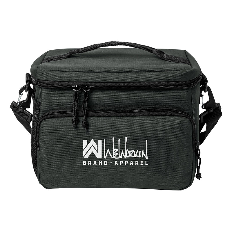 Charcoal Grey insulated cooler bag pictured from front on white background. WW Script logo embroidered in white thread on the front zippered pocket. 600D polyester canvas, Water-resistant PEVA lining (Heat-sealed), Web carry handle on top, Removable/adjustable shoulder strap, Mesh pocket on side.