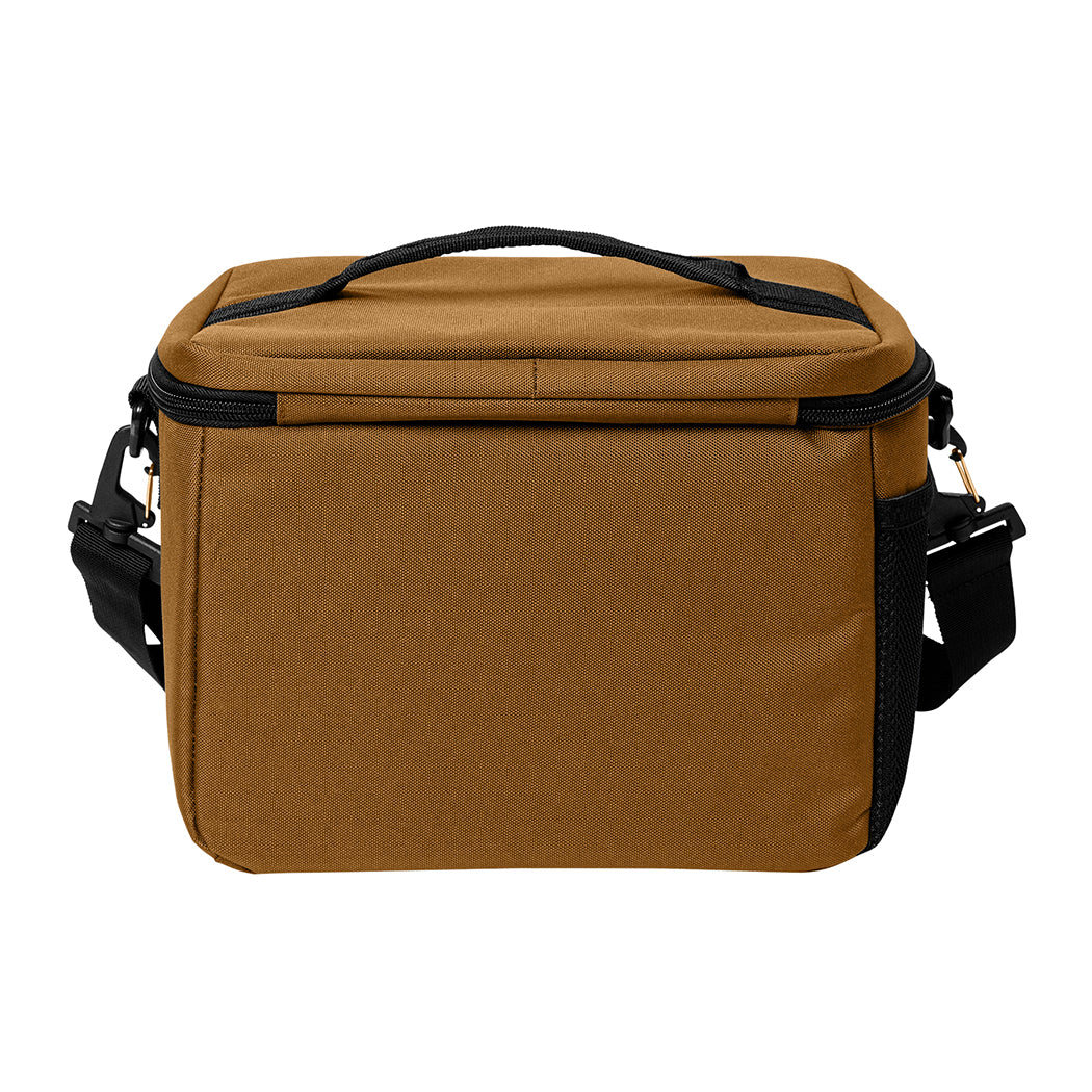 Saddle Brown insulated cooler bag pictured from back on white background. 600D polyester canvas, Water-resistant PEVA lining (Heat-sealed), Web carry handle on top, Removable/adjustable shoulder strap, Mesh pocket on side.
