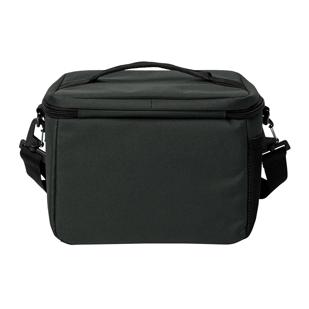 Charcoal Grey insulated cooler bag pictured from back on white background. 600D polyester canvas, Water-resistant PEVA lining (Heat-sealed), Web carry handle on top, Removable/adjustable shoulder strap, Mesh pocket on side.