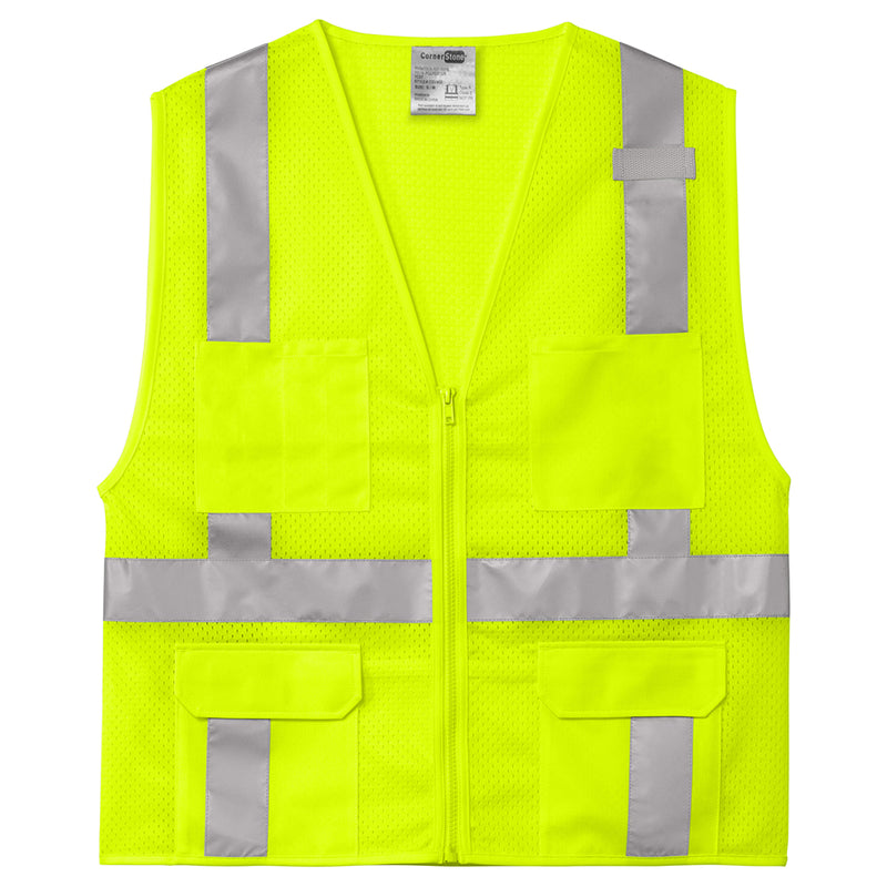 Front of a We Workin Class 2 Mesh Zippered 6-Pocket Vest on white background. No printing on front of vest (blank). 