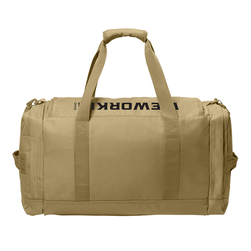Desert Tan tactical duffle bag pictured from back on a white background. WEWORKIN BRAND logo embroidered in black thread on the top panel. 600D polyester canvas, Covered zipper D-shaped main compartment, [2] zippered end pockets, Web carry handles with padded handle wrap, Web grab handles on both ends, Removable/adjustable padded shoulder strap.