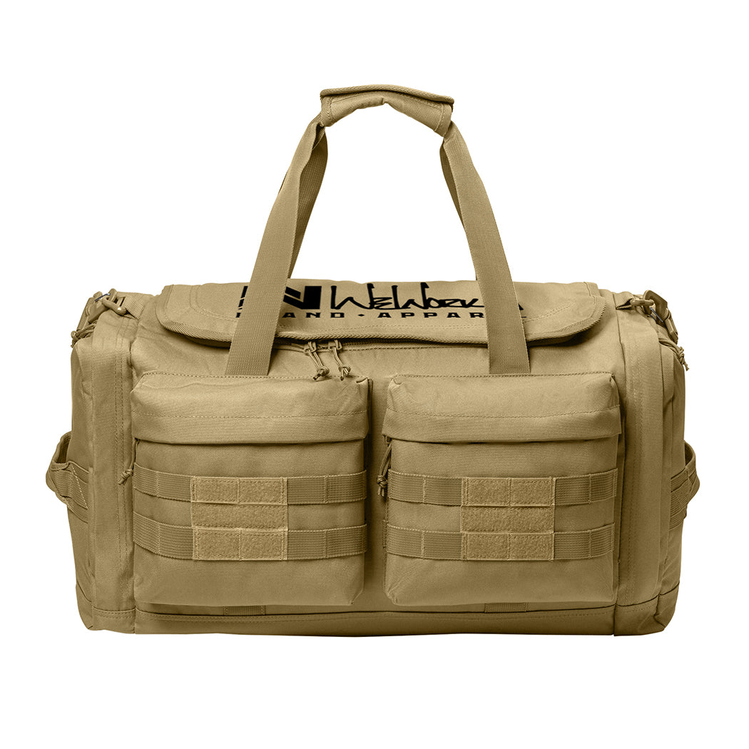Desert Tan tactical duffle bag pictured from front on a white background. WW Script logo embroidered in black thread on the top panel. 600D polyester canvas, Covered zipper D-shaped main compartment, [2] zippered end pockets, [2] Front zippered pockets with daisy chain/loop panels for patches (WW patches sold separately), Web carry handles with padded handle wrap, Web grab handles on both ends, Removable/adjustable padded shoulder strap.