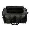 Stealth Black tactical duffle bag pictured open, from front, on a white background. 600D polyester canvas, Covered zipper D-shaped main compartment, Interior storage pockets, [2] zippered end pockets, [2] Front covered-zippered pockets with daisy chain/loop panels for patches (WW patches sold separately), Web grab handles on both ends, Removable/adjustable padded shoulder strap.