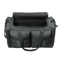 Charcoal Grey tactical duffle bag pictured open, from front, on a white background. 600D polyester canvas, Covered zipper D-shaped main compartment, Interior storage pockets, [2] zippered end pockets, [2] Front covered-zippered pockets with daisy chain/loop panels for patches (WW patches sold separately), Web grab handles on both ends, Removable/adjustable padded shoulder strap.