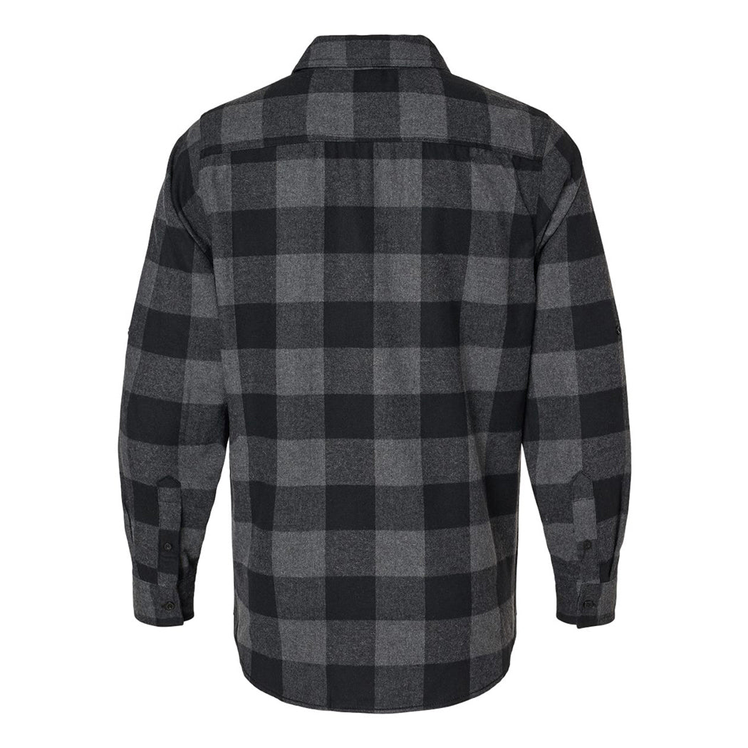 The back of a We Workin Brand long sleeve Flannel buttoned shirt in Grey/Black Buffalo Plaid is shown on a white background. Roll-tab sleeves with adjustable cuffs.