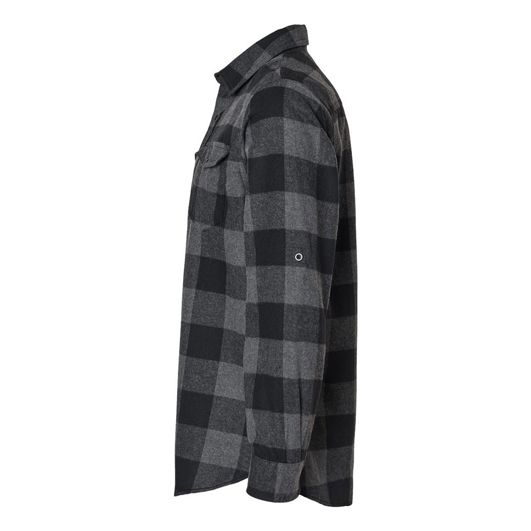 The left side of a We Workin Brand long sleeve Flannel buttoned shirt in Grey/Black Buffalo Plaid is shown on a white background. Roll-tab sleeves with adjustable cuffs.