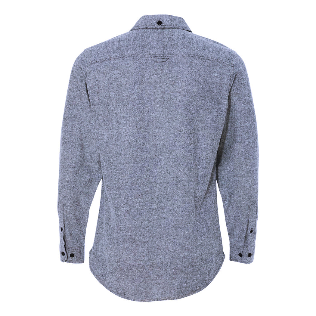 The back of a We Workin Brand long sleeve Flannel buttoned shirt in Light Heather Grey is shown on a white background. Back has a half-moon back yoke with locker loop and button to hold down the back collar. Sleeve cuffs have adjustable button closures.