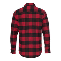 The back of a We Workin Brand long sleeve Flannel buttoned shirt in Red/Black Buffalo Plaid is shown on a white background. Back has a half-moon back yoke. Roll-tab sleeves with adjustable one-button cuffs.