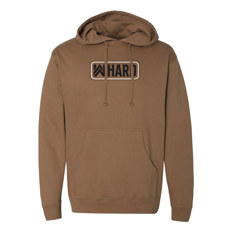 Front view of heavyweight saddle brown long-sleeve hooded sweatshirt. WW HARD icon with "rope and stitch" border printed on center chest in white and black ink ("patch" style.) Large front pocket, banded cuffs and waist. Thick drawstring in hood, metal eyelets.