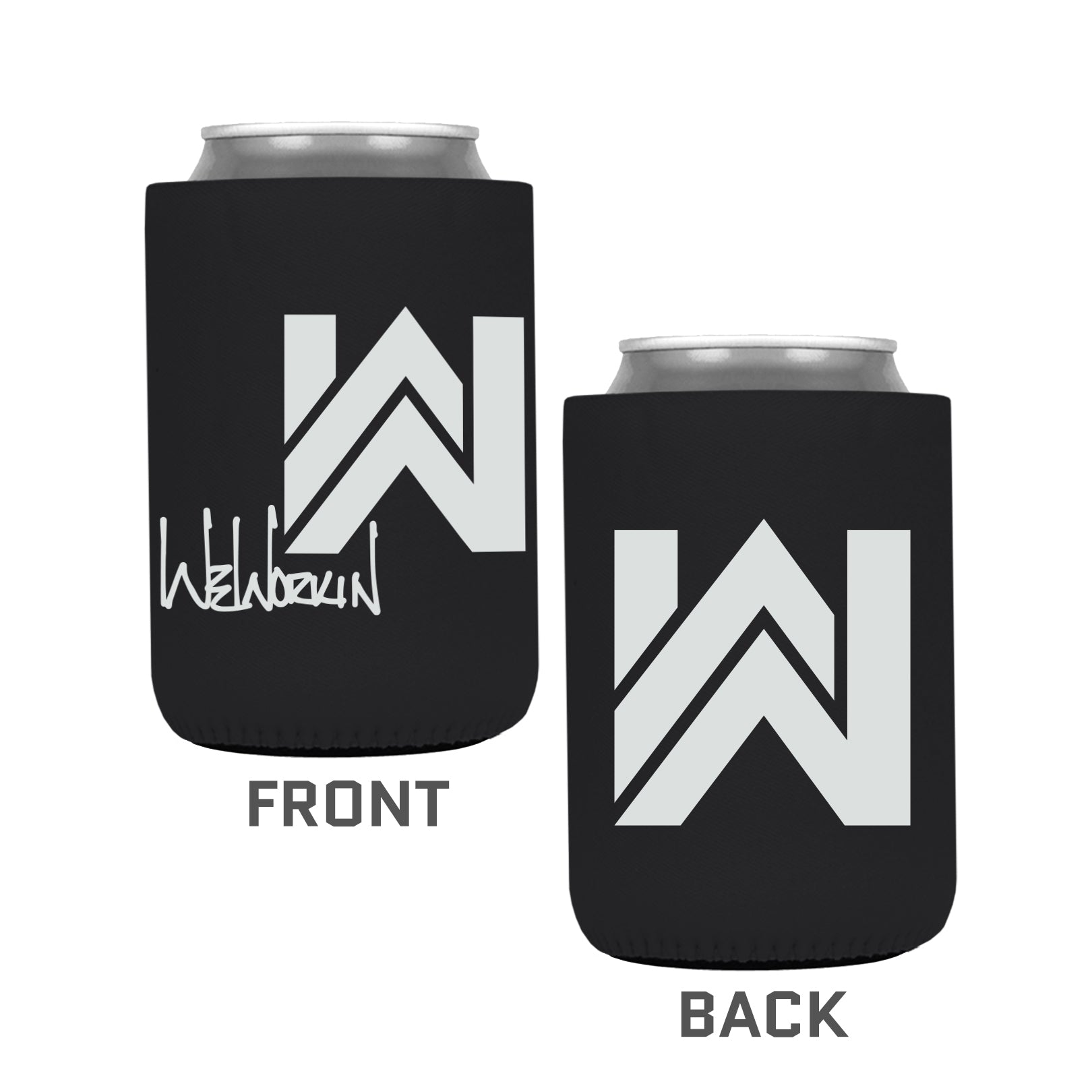 Black color koozie, 12 oz. regular fit, heavy foam material. WeWorkin icon imprint on one side and WeWorkin logo imprint on the other side.