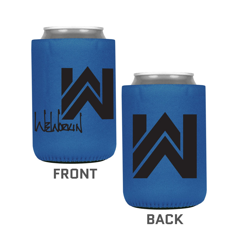 Blue color koozie, 12 oz. regular fit, heavy foam material. WeWorkin icon imprint on one side and WeWorkin logo imprint on the other side.