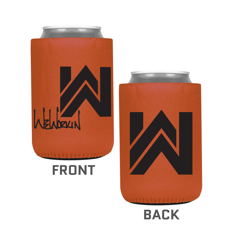 Orange color koozie, 12 oz. regular fit, heavy foam material. WeWorkin icon imprint on one side and WeWorkin logo imprint on the other side.