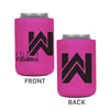 Bold pink color koozie, 12 oz. regular fit, heavy foam material. WeWorkin icon imprint on one side and WeWorkin logo imprint on the other side.
