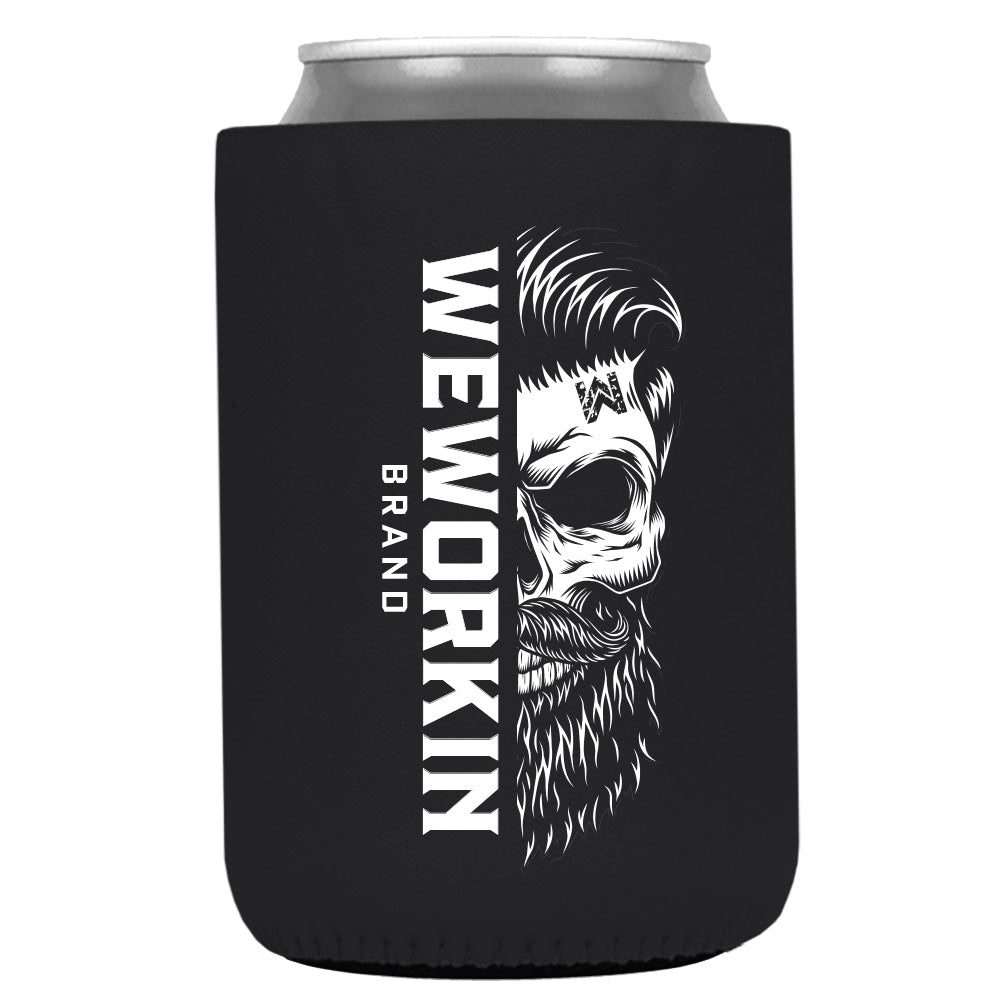 Black 12 oz koozie, regular fit, heavy foam with WeWorkin Brand icon imprint on both sides in White color.