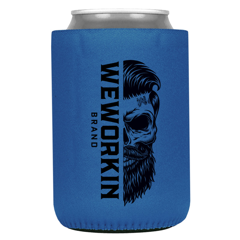 Blue 12 oz koozie, regular fit, heavy foam with WeWorkin Brand icon imprint on both sides in Black color.