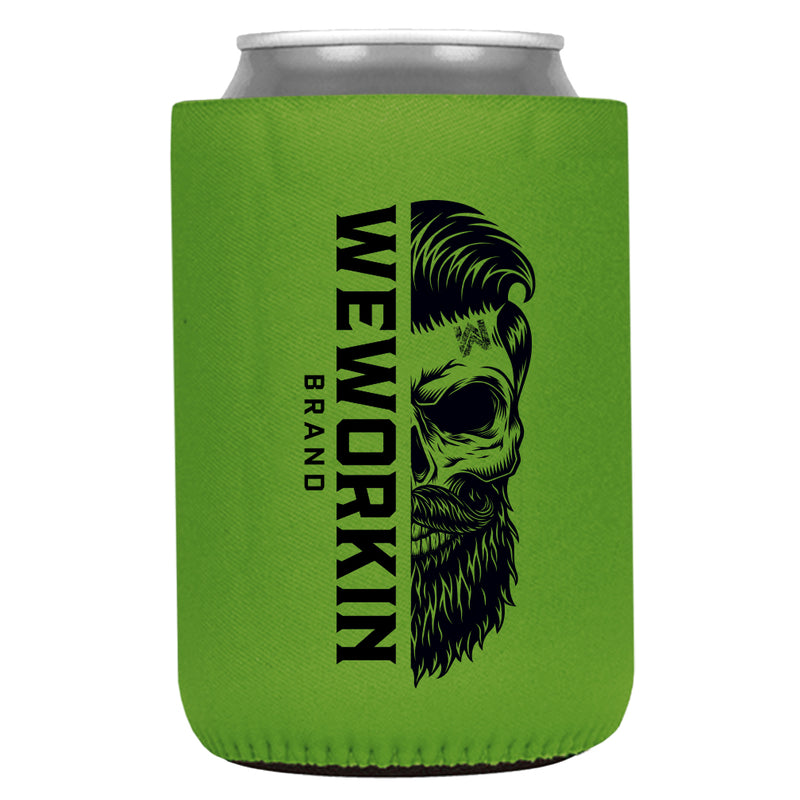 Bright green 12 oz koozie, regular fit, heavy foam with WeWorkin Brand icon imprint on both sides in Black color.