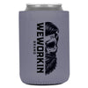 Grey 12 oz koozie, regular fit, heavy foam with WeWorkin Brand icon imprint on both sides in Black color.