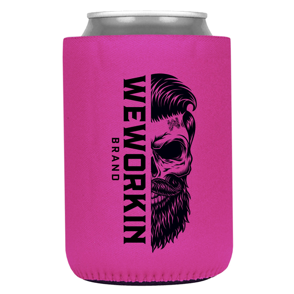 Bold Pink 12 oz koozie, regular fit, heavy foam with WeWorkin Brand icon imprint on both sides in Black color.
