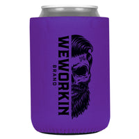 Purple 12 oz koozie, regular fit, heavy foam with WeWorkin Brand icon imprint on both sides in Black color.
