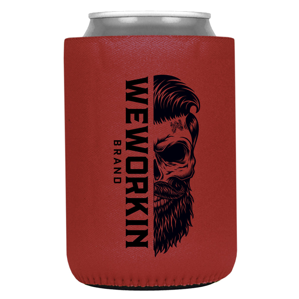 Red 12 oz koozie, regular fit, heavy foam with WeWorkin Brand icon imprint on both sides in Black color.