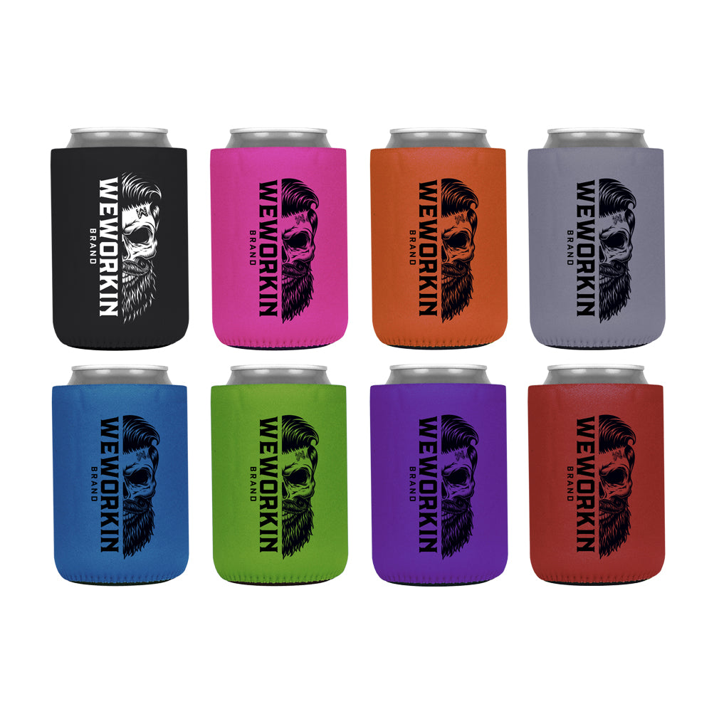 All (8) koozie colors (Black, Bold Pink, Orange, Grey, Blue, Bright Green, Purple, Red) of 12 oz, regular fit, heavy foam koozies with WeWorkin Brand icon imprint on both sides.