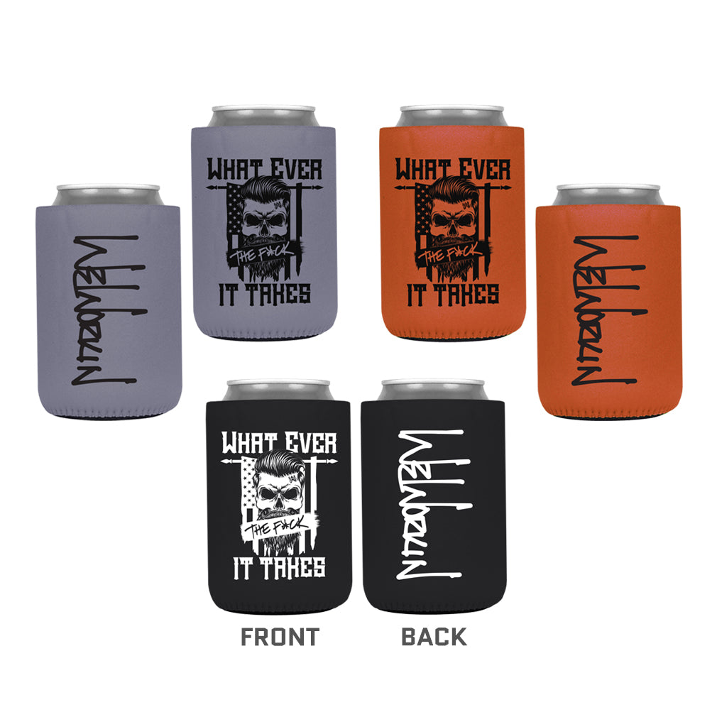 All (3) koozie colors pictured on white background (Black, Orange and Grey) of 12 oz, regular fit, heavy foam koozies with "What Ever the F*ck It Takes" Flag/Skull graphic on one side and the WeWorkin script logo imprinted on the other side. 