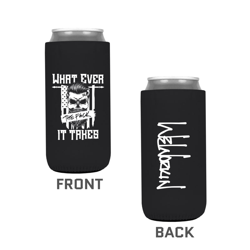 Black koozie pictured on white background (front and back). This slim/tall 12oz koozie is printed on one side with the "What Ever the F*ck It Takes" Flag/Skull graphic and the other with the WeWorkin script logo in white ink. 