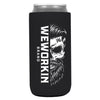 Black 12 oz koozie, TALL/SLIM fit, heavy foam with WeWorkin Brand icon imprint on both sides in White color.