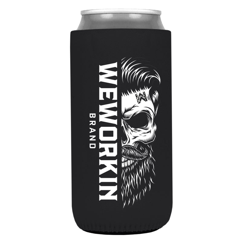 Black 12 oz koozie, TALL/SLIM fit, heavy foam with WeWorkin Brand icon imprint on both sides in White color.