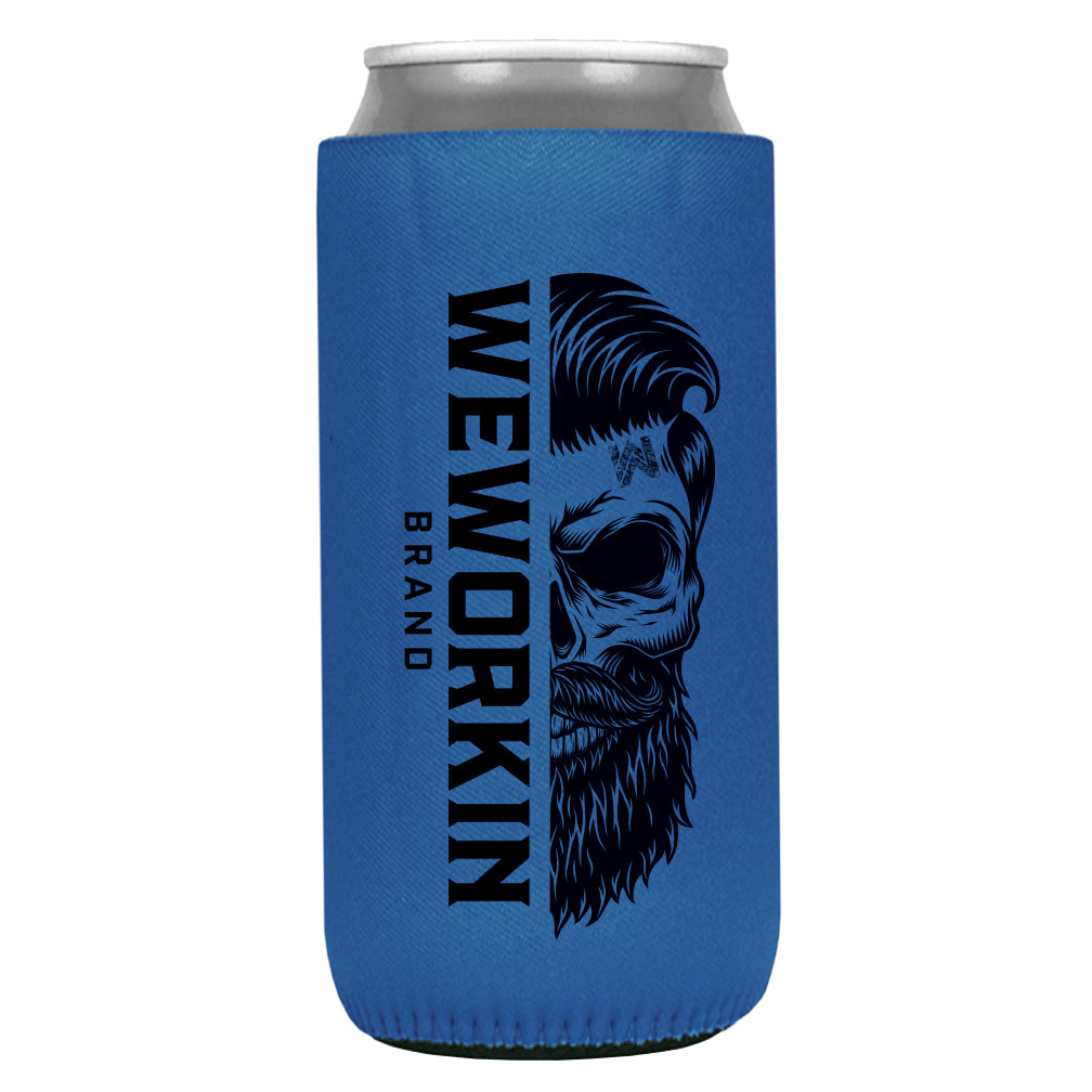 Blue 12 oz koozie, TALL/SLIM fit, heavy foam with WeWorkin Brand icon imprint on both sides in Black color.