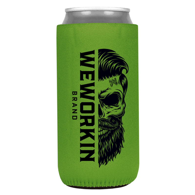 Bright green 12 oz koozie, TALL/SLIM fit, heavy foam with WeWorkin Brand icon imprint on both sides in Black color.