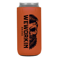 Orange 12 oz koozie, TALL/SLIM fit, heavy foam with WeWorkin Brand icon imprint on both sides in Black color.