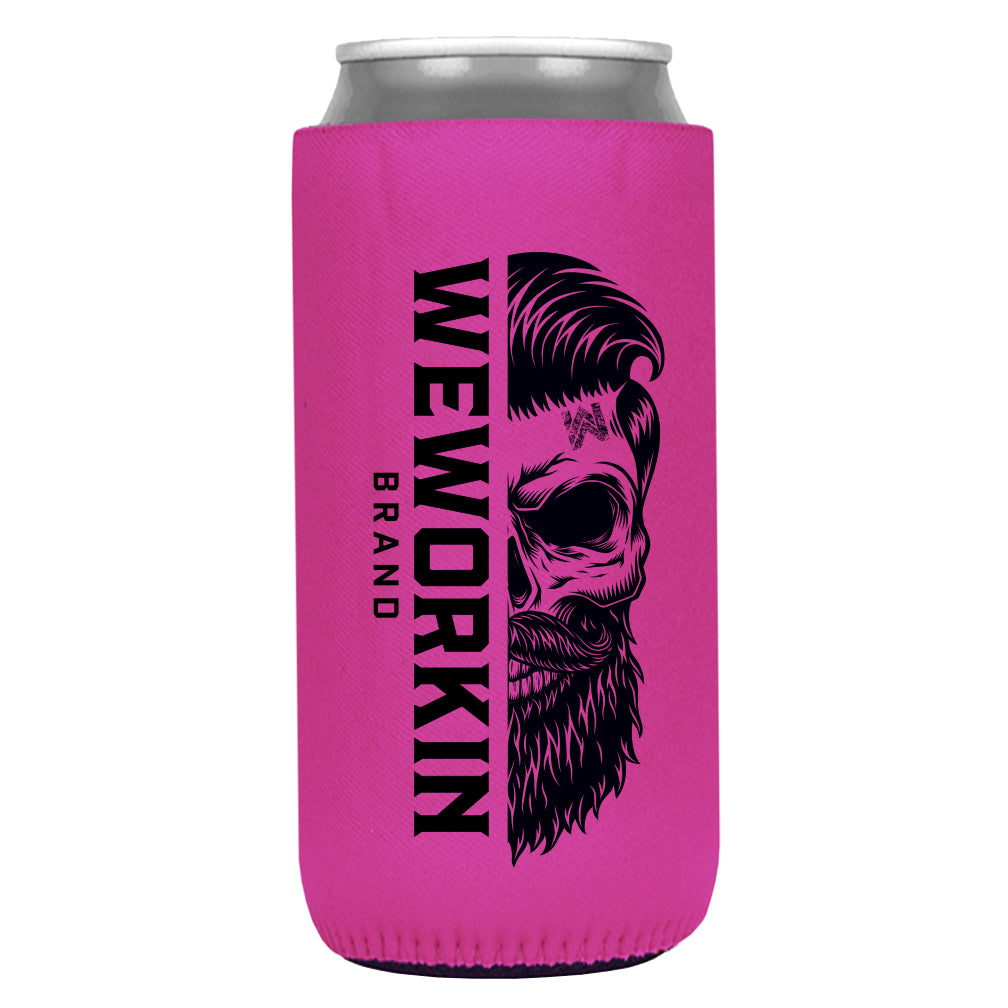 Bold Pink 12 oz koozie, TALL/SLIM fit, heavy foam with WeWorkin Brand icon imprint on both sides in Black color.