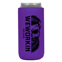 Purple 12 oz koozie, TALL/SLIM fit, heavy foam with WeWorkin Brand icon imprint on both sides in Black color.