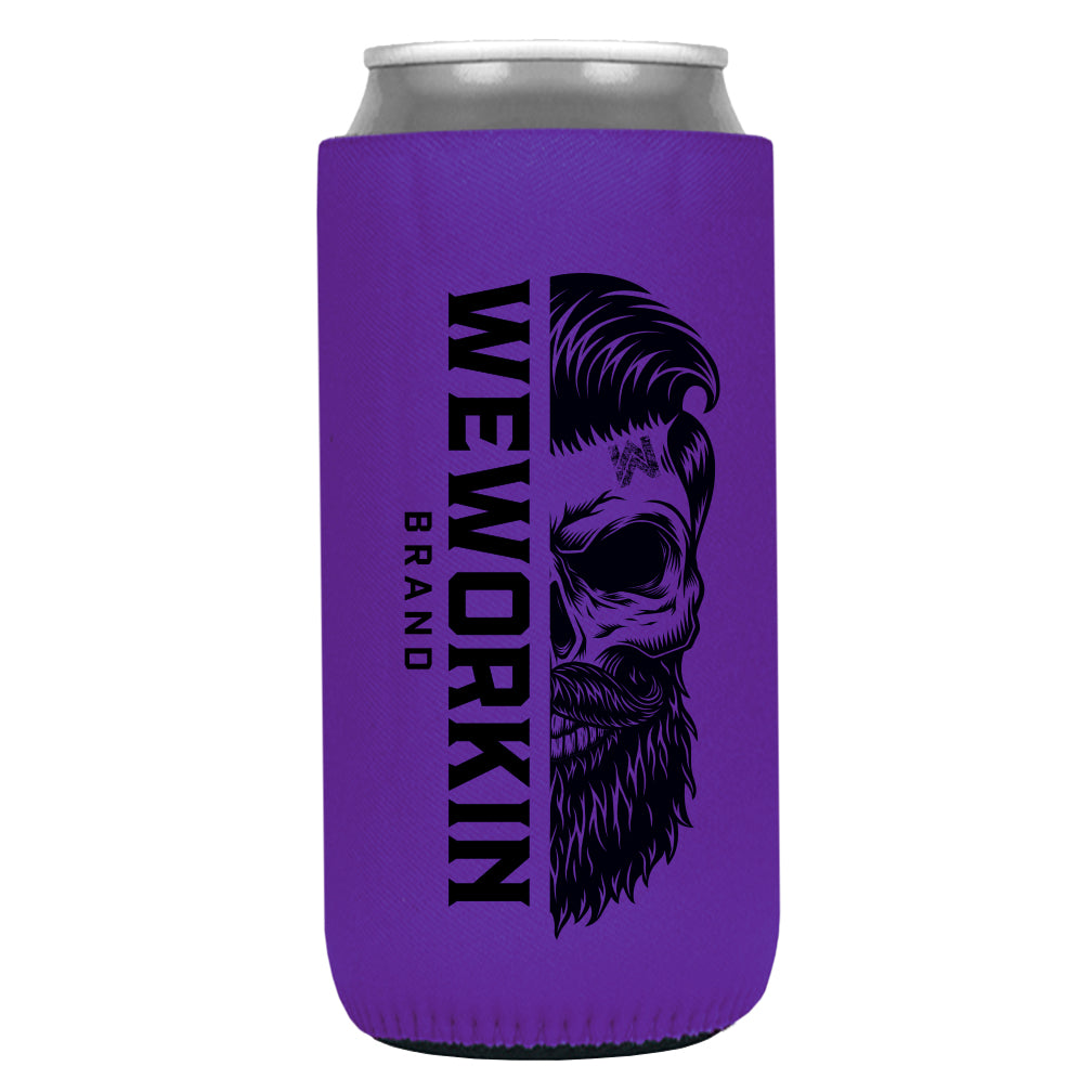 Purple 12 oz koozie, TALL/SLIM fit, heavy foam with WeWorkin Brand icon imprint on both sides in Black color.