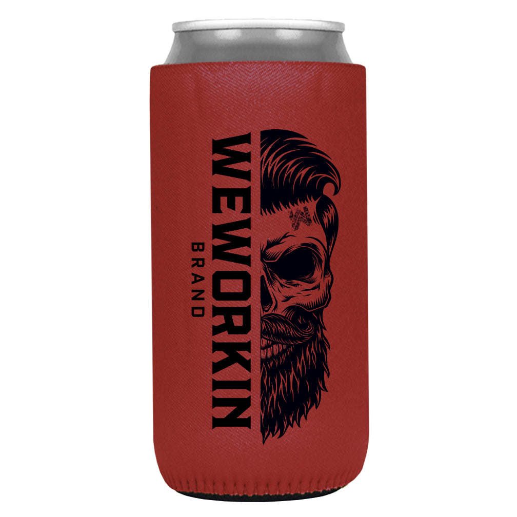 Red 12 oz koozie, TALL/SLIM fit, heavy foam with WeWorkin Brand icon imprint on both sides in Black color.