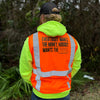 Man pictured from the back, wearing the We Workin Class 2 Mesh Zippered 6-Pocket Vest. Back is printed with the WEWORKIN BRAND "Everybody Want$ the Money, Nobody Wants the WORK." slogan in black ink. (Front is blank)