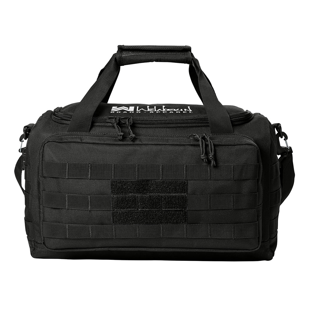 Stealth Black tactical range/gear bag pictured from front on a white background. WW Script logo embroidered in white thread on the top panel. 600D polyester canvas, Zippered D-shaped main compartment, Padded wrap on web carry handles, Daisy chains on sides, Front zippered pocket with daisy chain/loop panel for patches.