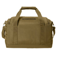 Desert Tan tactical range/gear bag pictured from back on a white background. WEWORKIN BRAND logo embroidered in black thread on the top panel. 600D polyester canvas, Zippered D-shaped main compartment, Padded wrap on web carry handles, Daisy chains on sides.