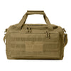 Desert Tan tactical range/gear bag pictured from front on a white background. WEWORKIN BRAND logo embroidered in black thread on the top panel. 600D polyester canvas, Zippered D-shaped main compartment, Padded wrap on web carry handles, Daisy chains on sides, Front zippered pocket with daisy chain/loop panel for patches.