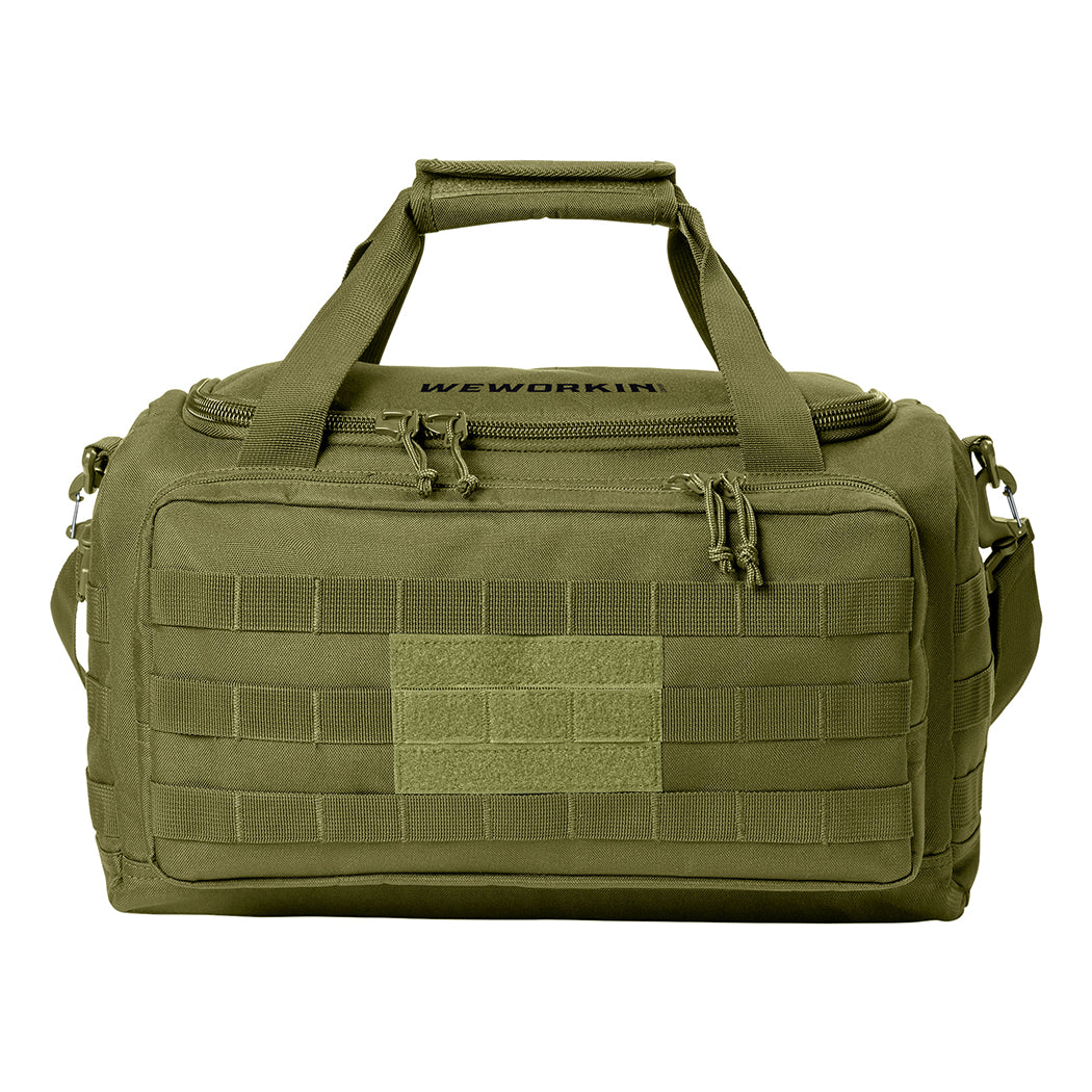 Drab Green tactical range/gear bag pictured from front on a white background. WEWORKIN BRAND logo embroidered in black thread on the top panel. 600D polyester canvas, Zippered D-shaped main compartment, Padded wrap on web carry handles, Daisy chains on sides, Front zippered pocket with daisy chain/loop panel for patches.
