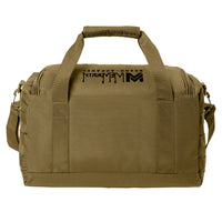 Desert Tan tactical range/gear bag pictured from back on a white background. WW Script logo embroidered in black thread on the top panel. 600D polyester canvas, Zippered D-shaped main compartment, Padded wrap on web carry handles, Daisy chains on sides.