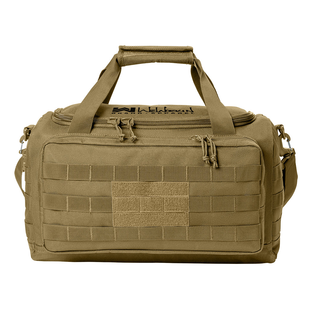 Desert Tan tactical range/gear bag pictured from front on a white background. WW Script logo embroidered in black thread on the top panel. 600D polyester canvas, Zippered D-shaped main compartment, Padded wrap on web carry handles, Daisy chains on sides, Front zippered pocket with daisy chain/loop panel for patches.
