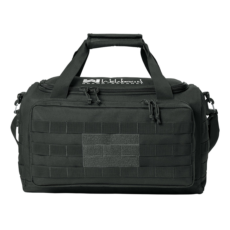 Charcoal Grey tactical range/gear bag pictured from front on a white background. WW Script logo embroidered in white thread on the top panel. 600D polyester canvas, Zippered D-shaped main compartment, Padded wrap on web carry handles, Daisy chains on sides, Front zippered pocket with daisy chain/loop panel for patches.