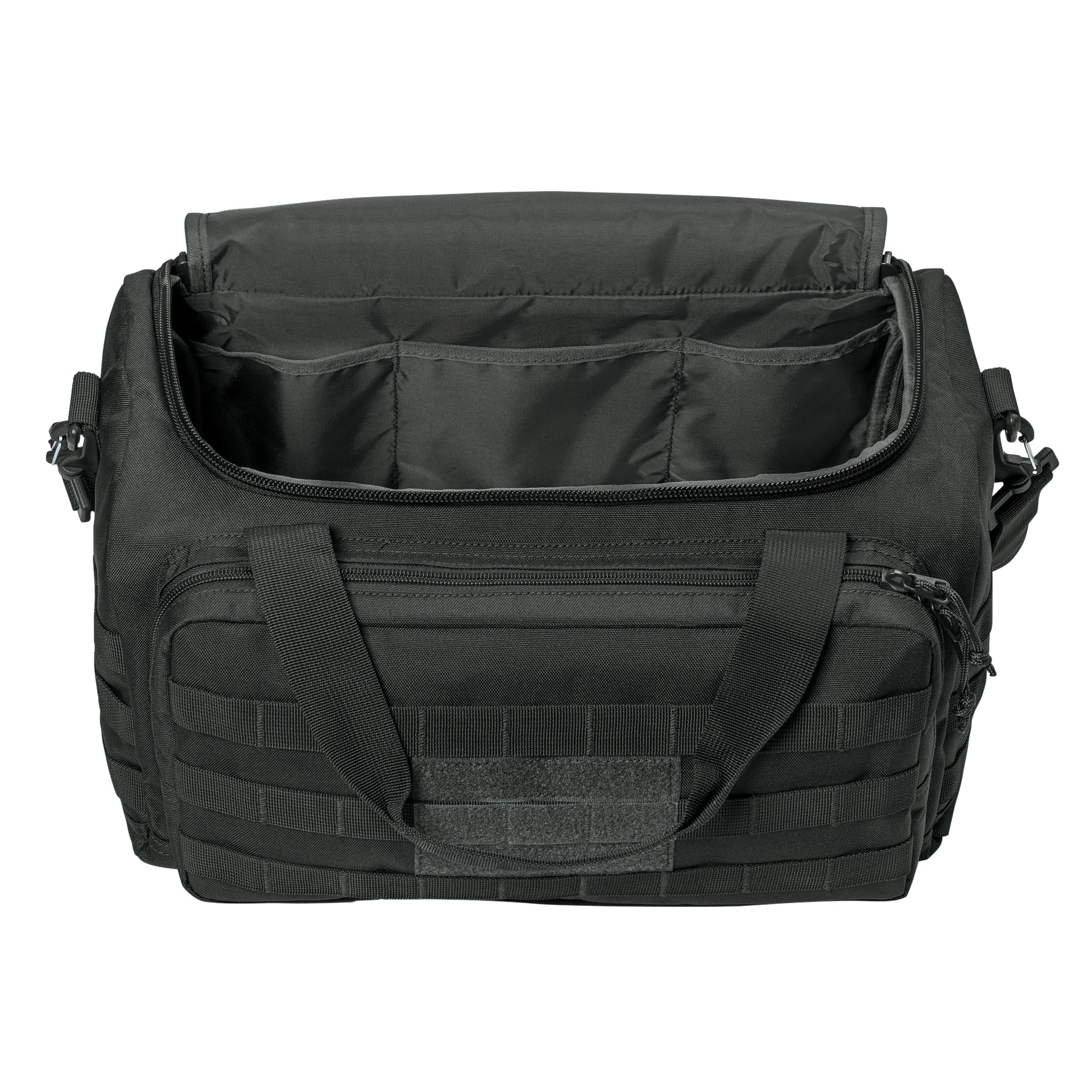 Charcoal Grey tactical range/gear bag pictured open, from front, on a white background. 600D polyester canvas Zippered, D-shaped main compartment, Interior storage pockets, Removable/adjustable shoulder strap, Front zippered pocket with daisy chain/loop panel for patches, Daisy chains on sides.