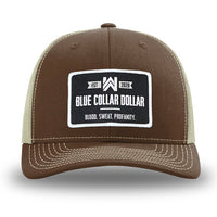 Brown/Khaki WeWorkin hat—Richardson 112 brand snapback, retro trucker classic hat style. WeWorkin "Blue Collar Dollar" patch is centered large on the front panels.