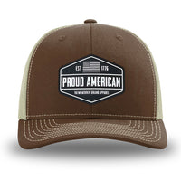 Brown/Khaki WeWorkin hat—Richardson 112 brand snapback, retro trucker classic hat style. WeWorkin black and white "PROUD AMERICAN" silicone patch is centered on the front panels.