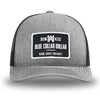 Heather Grey/Black WeWorkin hat—Richardson 112 brand snapback, retro trucker classic hat style. WeWorkin "Blue Collar Dollar" patch is centered large on the front panels.